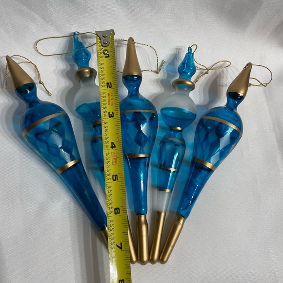 Set of 5 Blue & Gold Glass Ornaments Great Condition - Picture 2 of 6